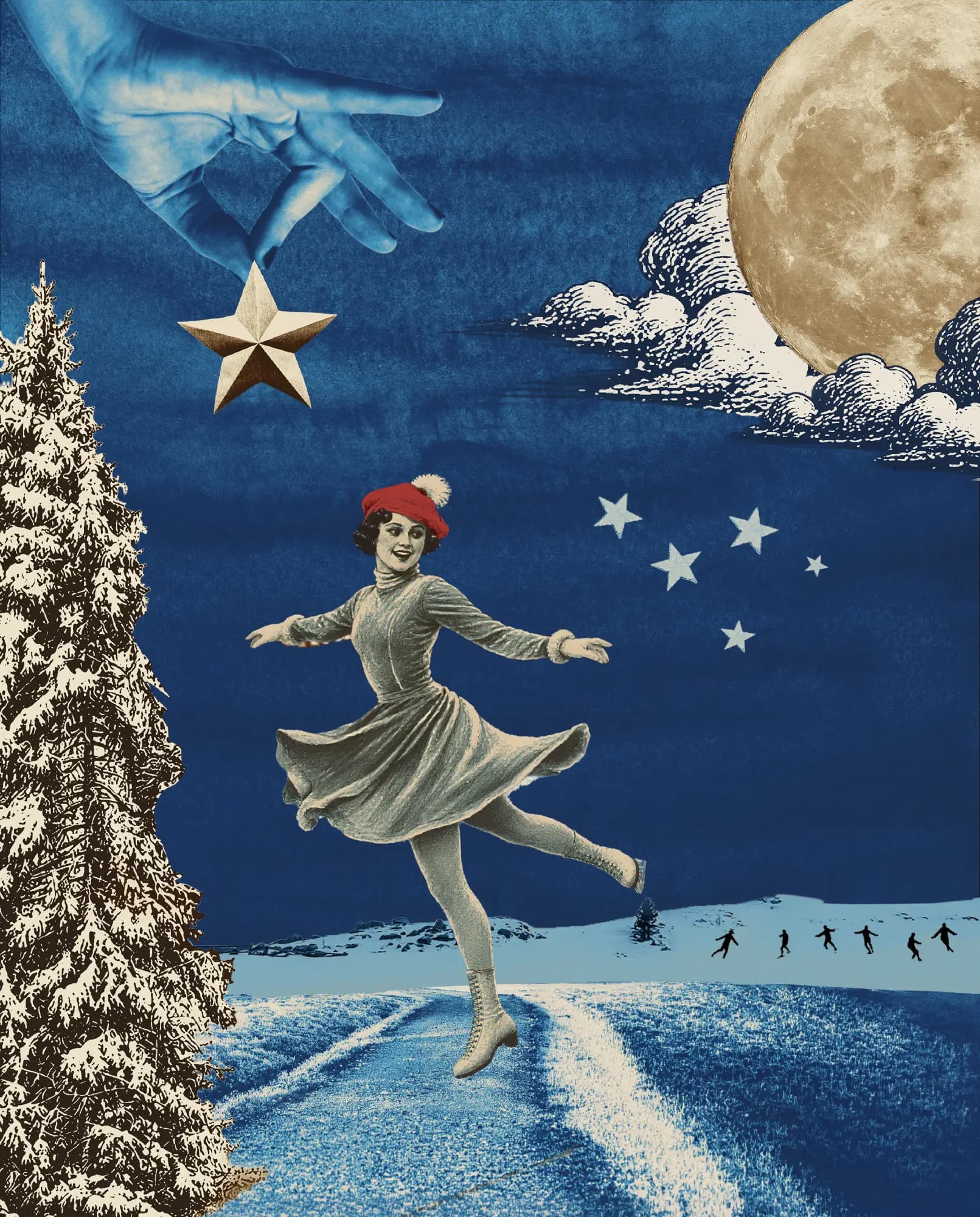 A skater in a red hat mid-glide across the covered rink, collaged over deep winter blue