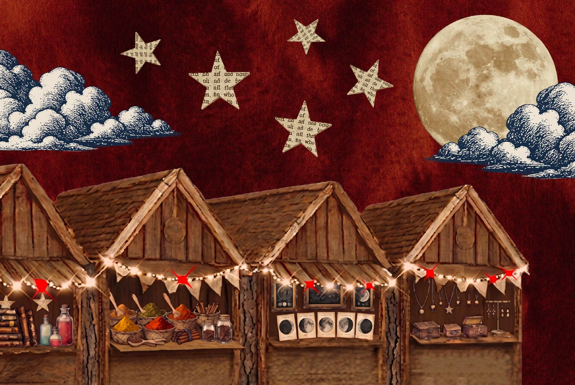 Wooden market chalets under a deep red sky, stars and a full moon above