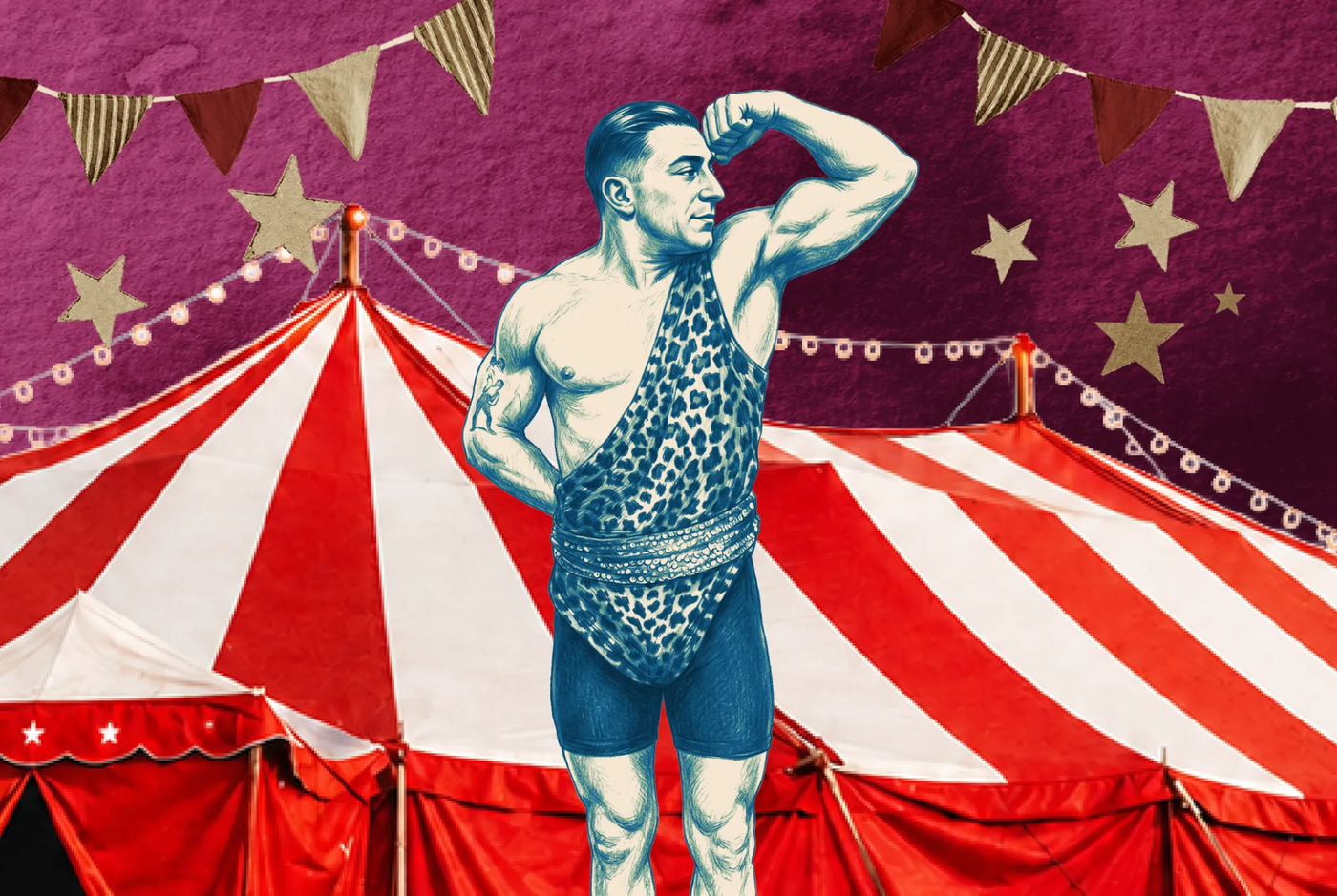 A vintage circus strongman in front of the red and white big top
