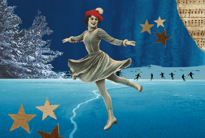 A skater mid-turn on the covered rink, skaters circling behind under a winter sky