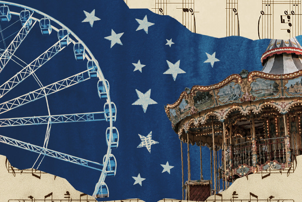 The vintage carousel in motion at dusk with the big wheel rising behind it